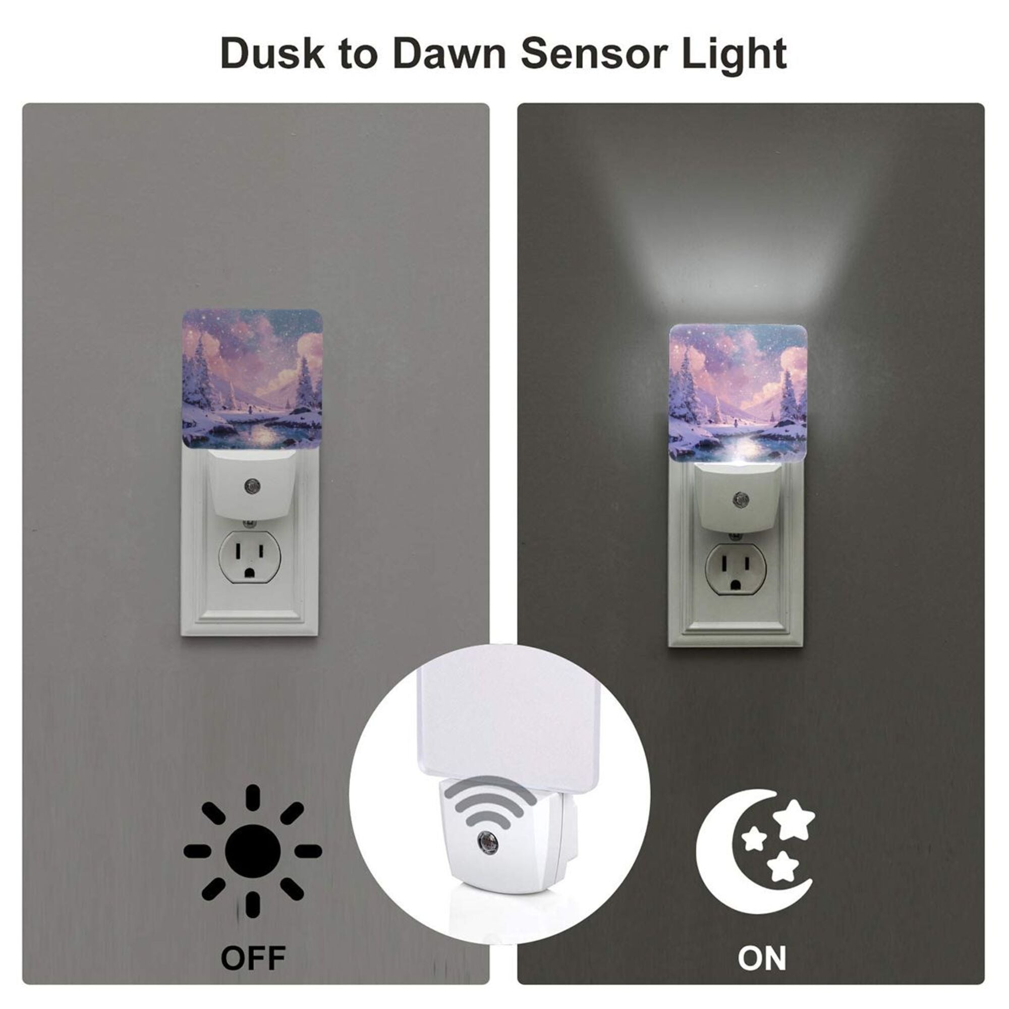 Dreamy Snow Scene Illustration Smart Sensor Night Light - Size 4.95×2.95 inches, Energy - Saving Soft Light Decorative Light